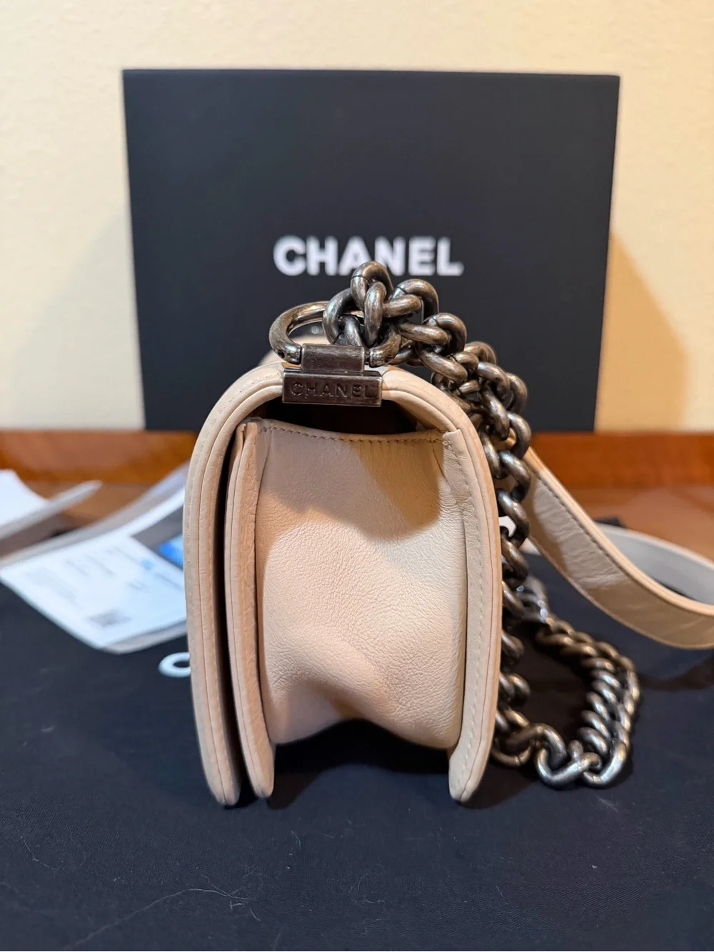 CHANEL Beige Quilted Boy Shoulder Bag with Dark Silver Hardware